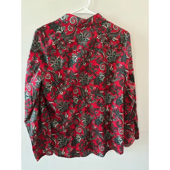 Foxcroft for Appleseeds Top Women's 8 Red Green Paisley Button Down Shaped - Picture 2 of 6